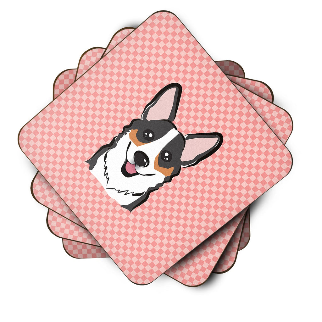 Checkerboard Pink Corgi Foam Coasters Set of 4 Cup Coasters for Indoor Outdoor, Tabletop Protection, Anti Slip, Mouse pad Material