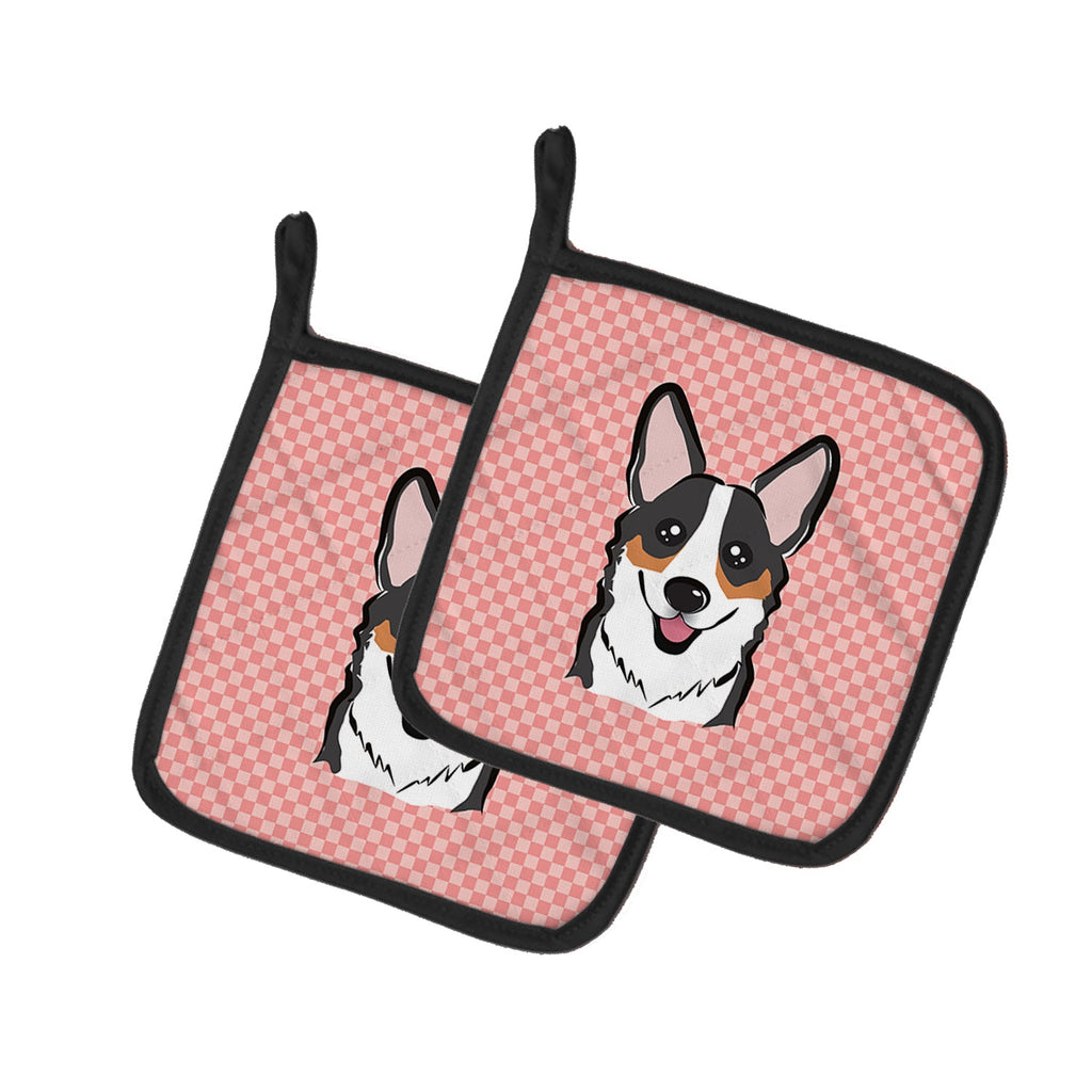 Checkerboard Pink Corgi Pot Holder Set of 2 Heat Resistant Quilted Hot Pads 7.5 x 7.5 Inch, Insulated Kitchen Trivets for Cooking & Baking