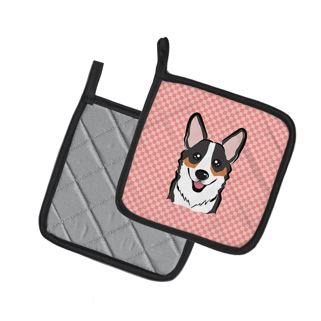 Checkerboard Pink Corgi Pot Holder Set of 2 Heat Resistant Quilted Hot Pads 7.5 x 7.5 Inch, Insulated Kitchen Trivets for Cooking & Baking