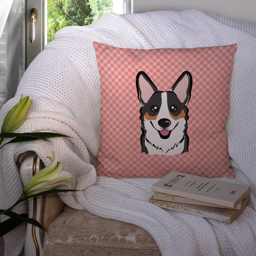 Checkerboard Pink Corgi Decorative Throw Pillow 14x14 Indoor Outdoor Accent Cushion, Fabric Cover with Insert for Sofa, Bed, Porch & Living Room