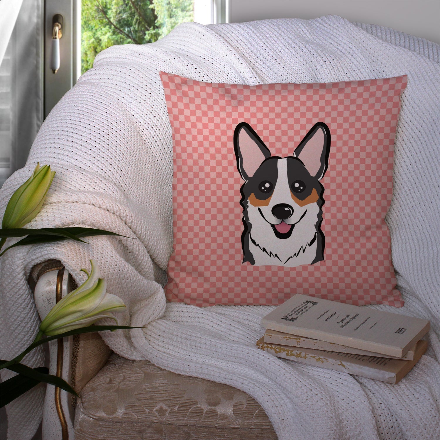 Checkerboard Pink Corgi Decorative Throw Pillow 14x14 Indoor Outdoor Accent Cushion, Fabric Cover with Insert for Sofa, Bed, Porch & Living Room