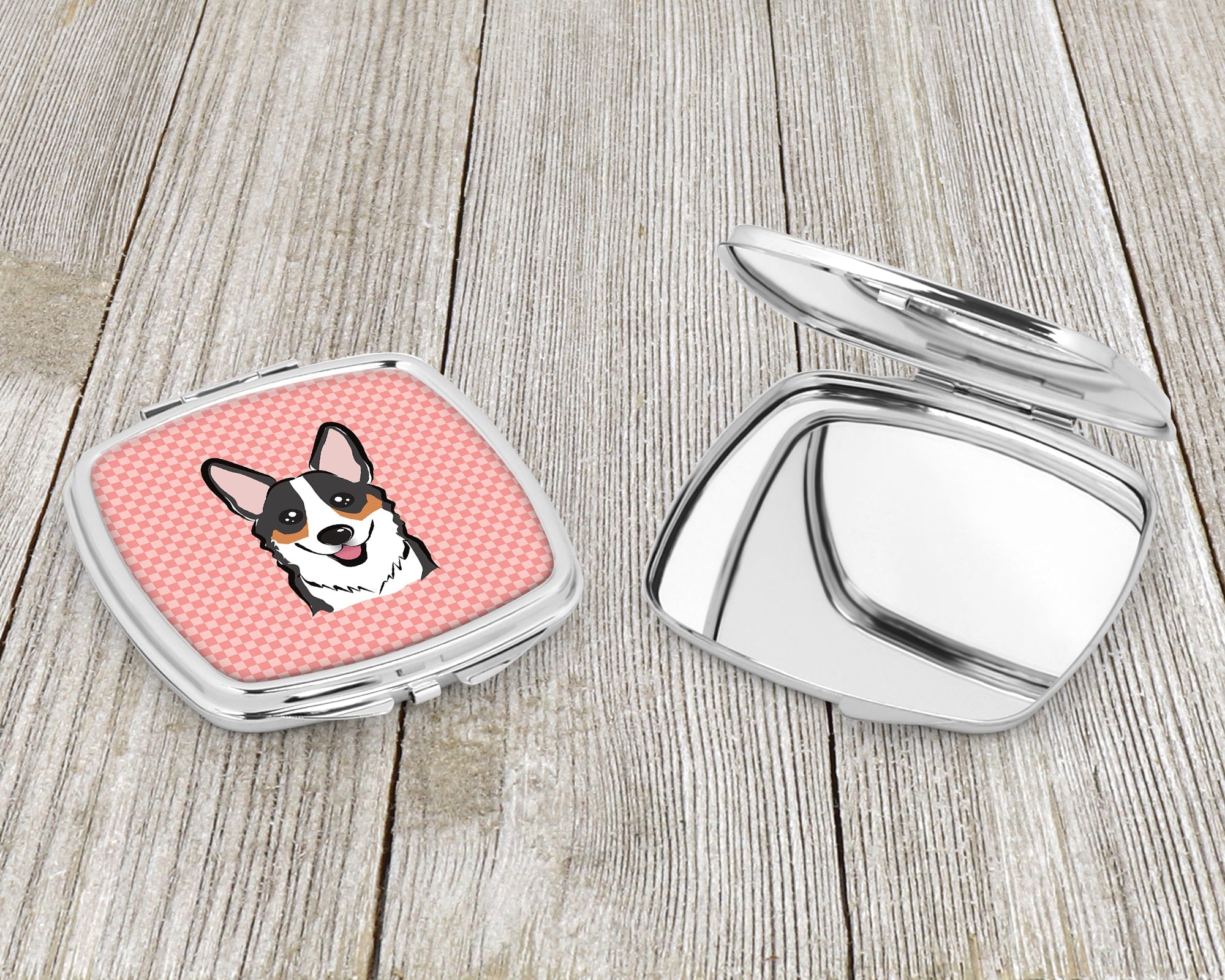 Checkerboard Pink Corgi Compact Mirror Decorative Travel Makeup Mirror for Women Girls Gifts Pocket Makeup Mirror Folding Handheld