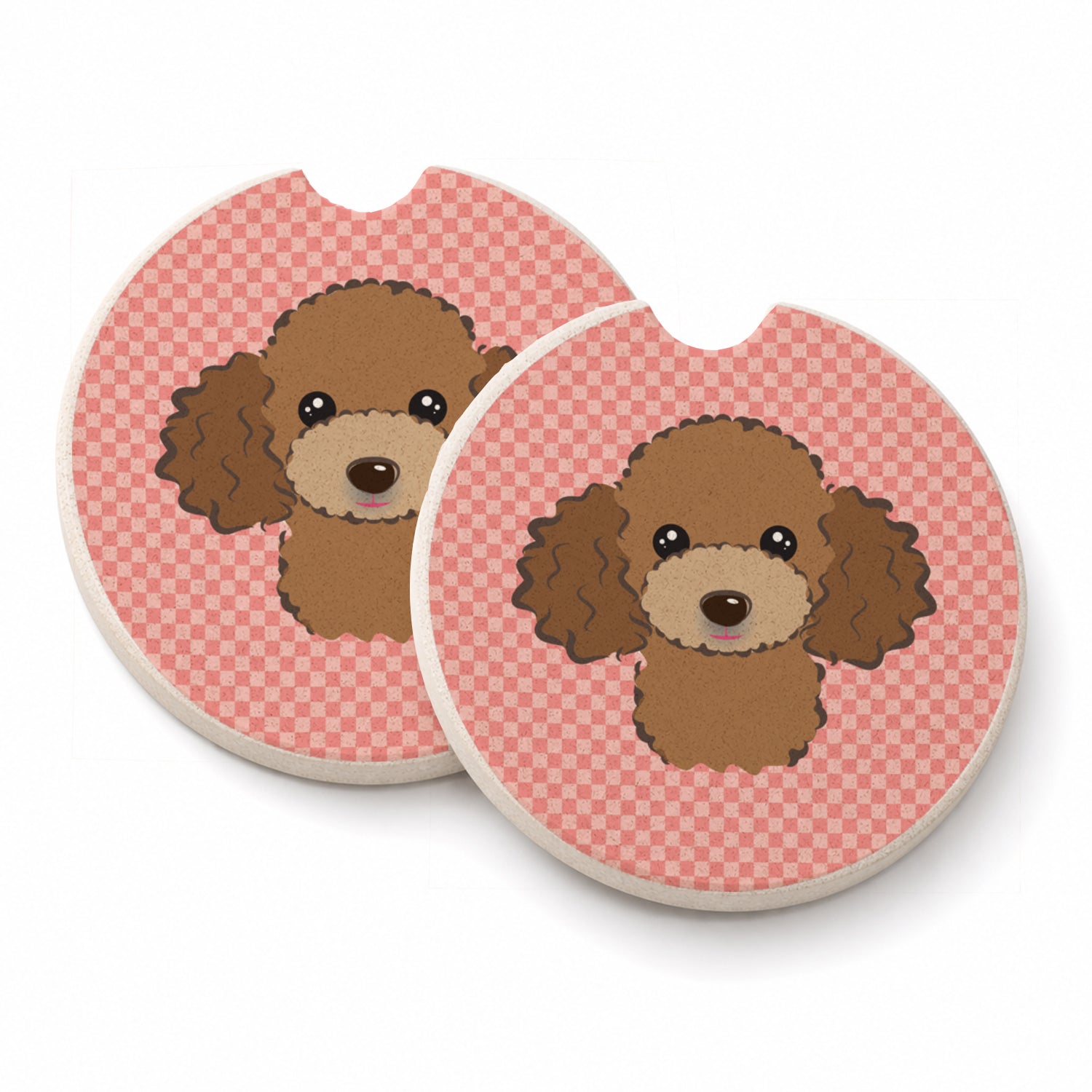 Checkerboard Pink Chocolate Brown Poodle Set of 2 Cup Holder Car Coasters Absorbent Round Sandstone Coasters Gifts for Men or Women, 2.5, Multicolor