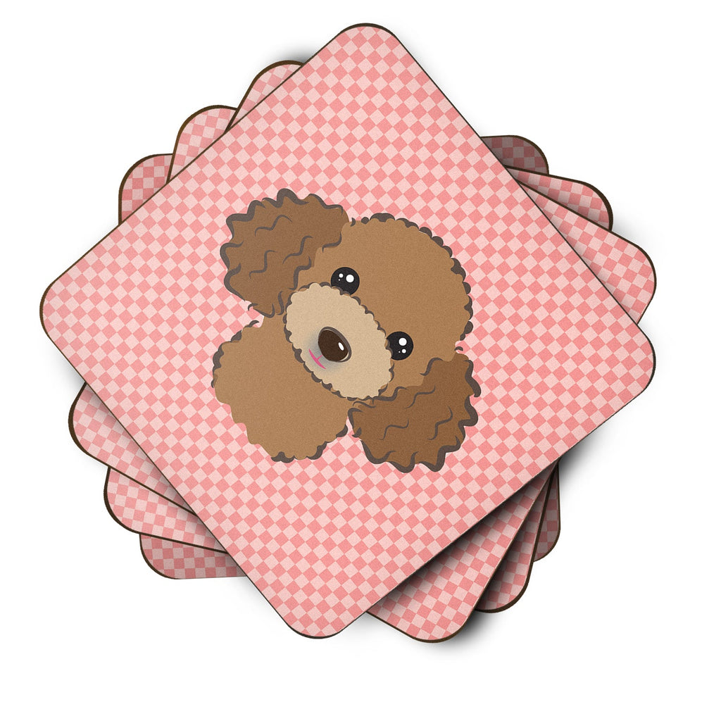 Checkerboard Pink Chocolate Brown Poodle Foam Coasters Set of 4 Cup Coasters for Indoor Outdoor, Tabletop Protection, Anti Slip, Mouse pad Material