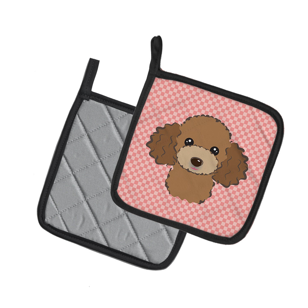 Checkerboard Pink Chocolate Brown Poodle Pot Holder Set of 2 Heat Resistant Quilted Hot Pads 7.5 x 7.5 Inch, Insulated Kitchen Trivets for Cooking & Baking