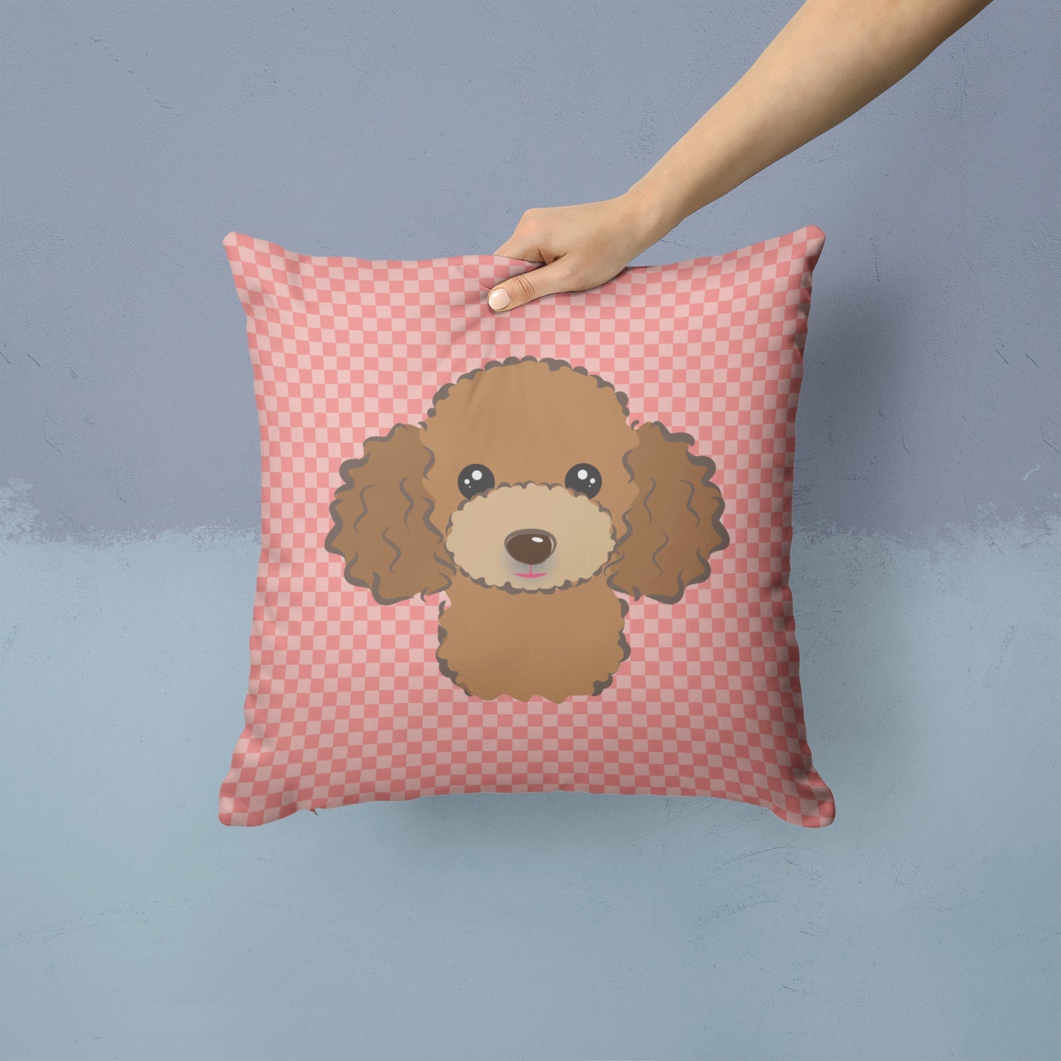 Checkerboard Pink Chocolate Brown Poodle Decorative Throw Pillow 14x14 Indoor Outdoor Accent Cushion, Fabric Cover with Insert for Sofa, Bed, Porch & Living Room
