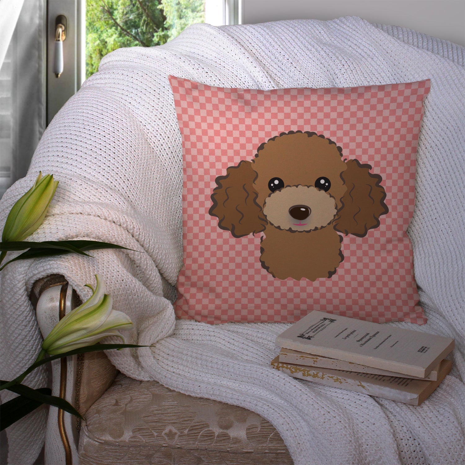 Checkerboard Pink Chocolate Brown Poodle Decorative Throw Pillow 14x14 Indoor Outdoor Accent Cushion, Fabric Cover with Insert for Sofa, Bed, Porch & Living Room
