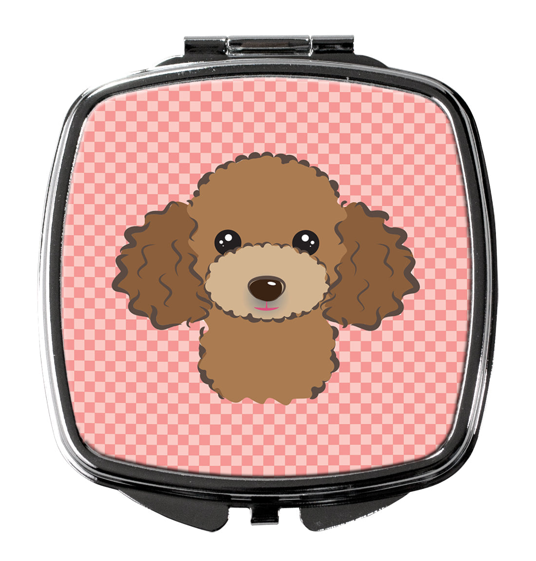 Checkerboard Pink Chocolate Brown Poodle Compact Mirror Decorative Travel Makeup Mirror for Women Girls Gifts Pocket Makeup Mirror Folding Handheld
