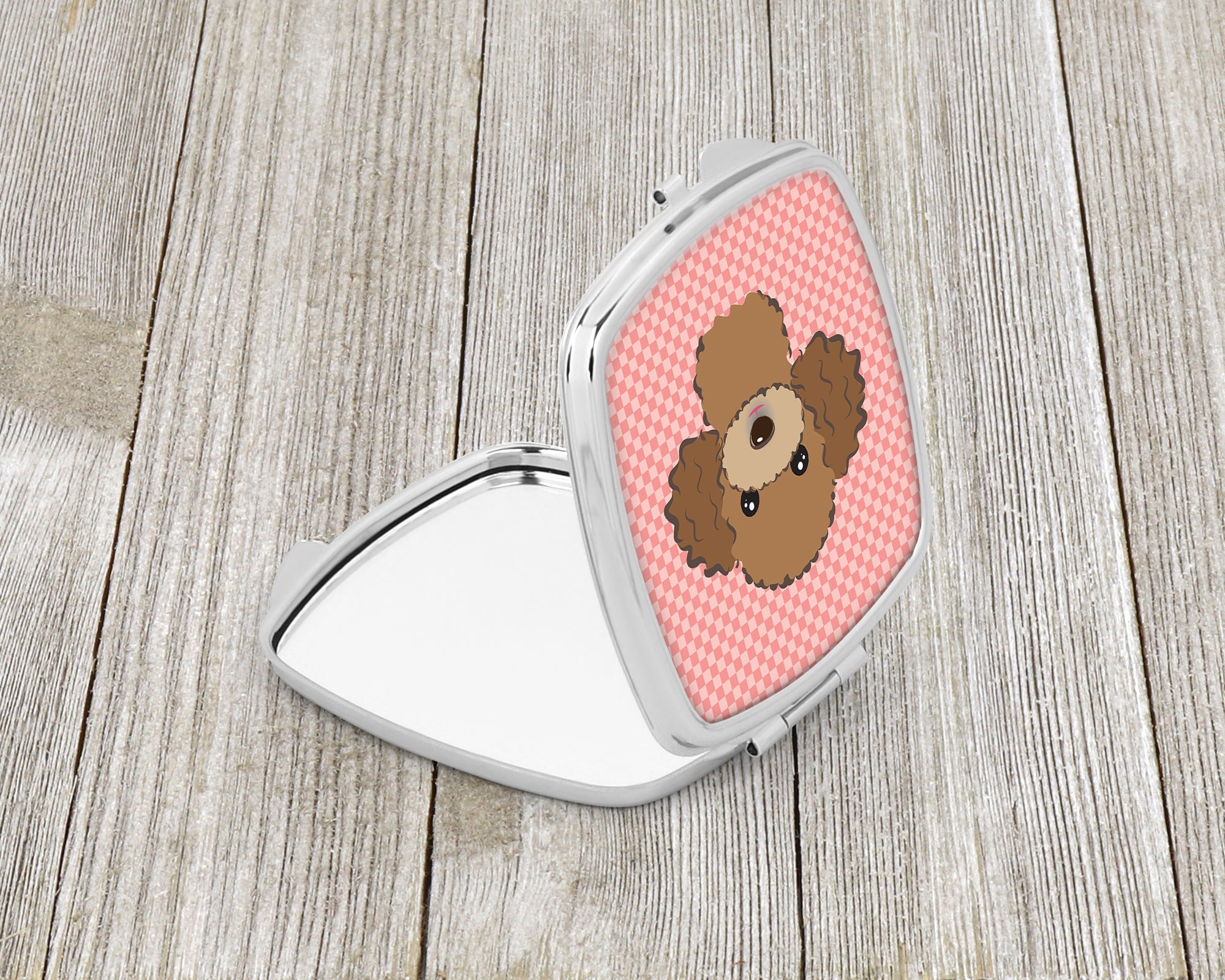 Checkerboard Pink Chocolate Brown Poodle Compact Mirror Decorative Travel Makeup Mirror for Women Girls Gifts Pocket Makeup Mirror Folding Handheld
