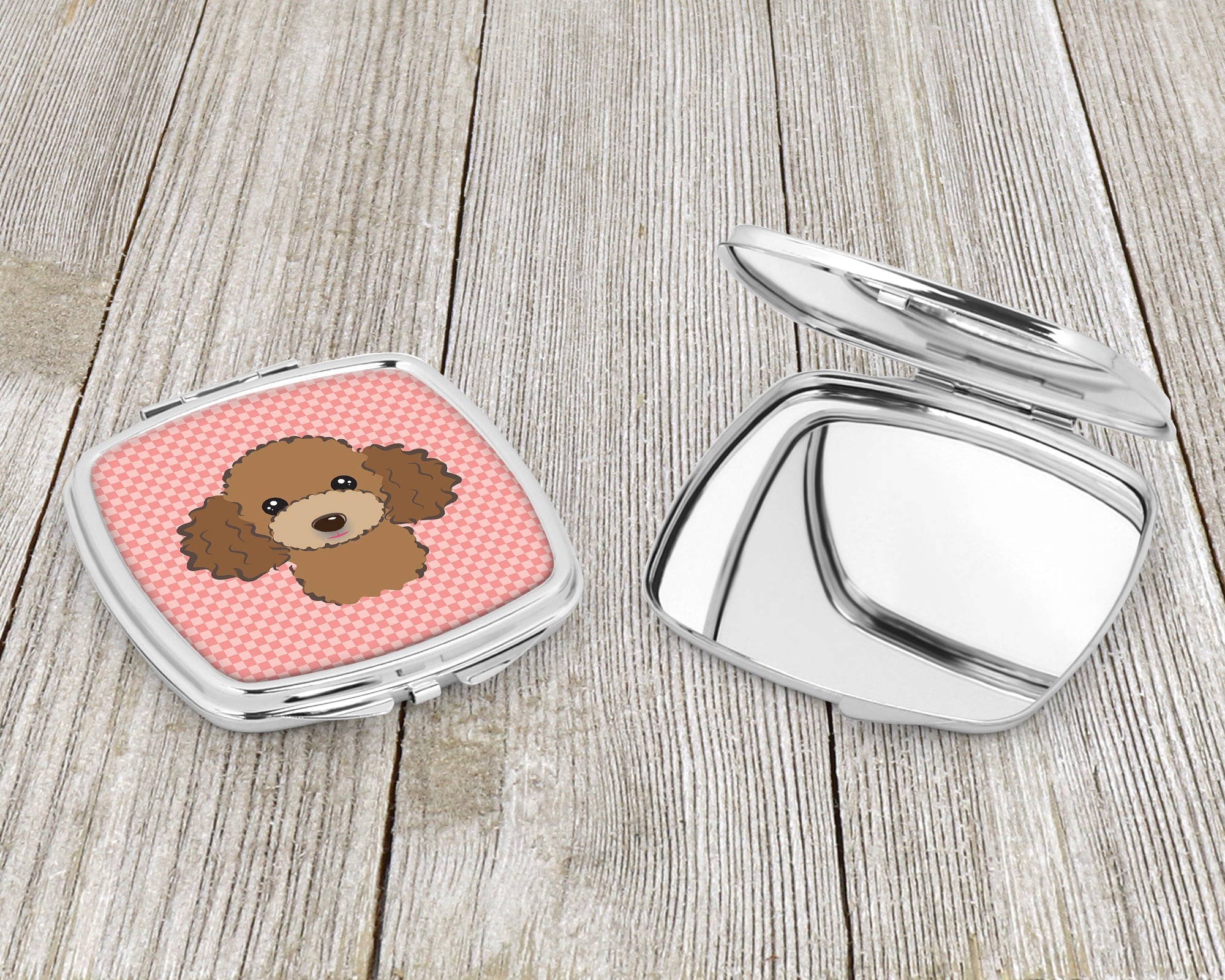 Checkerboard Pink Chocolate Brown Poodle Compact Mirror Decorative Travel Makeup Mirror for Women Girls Gifts Pocket Makeup Mirror Folding Handheld