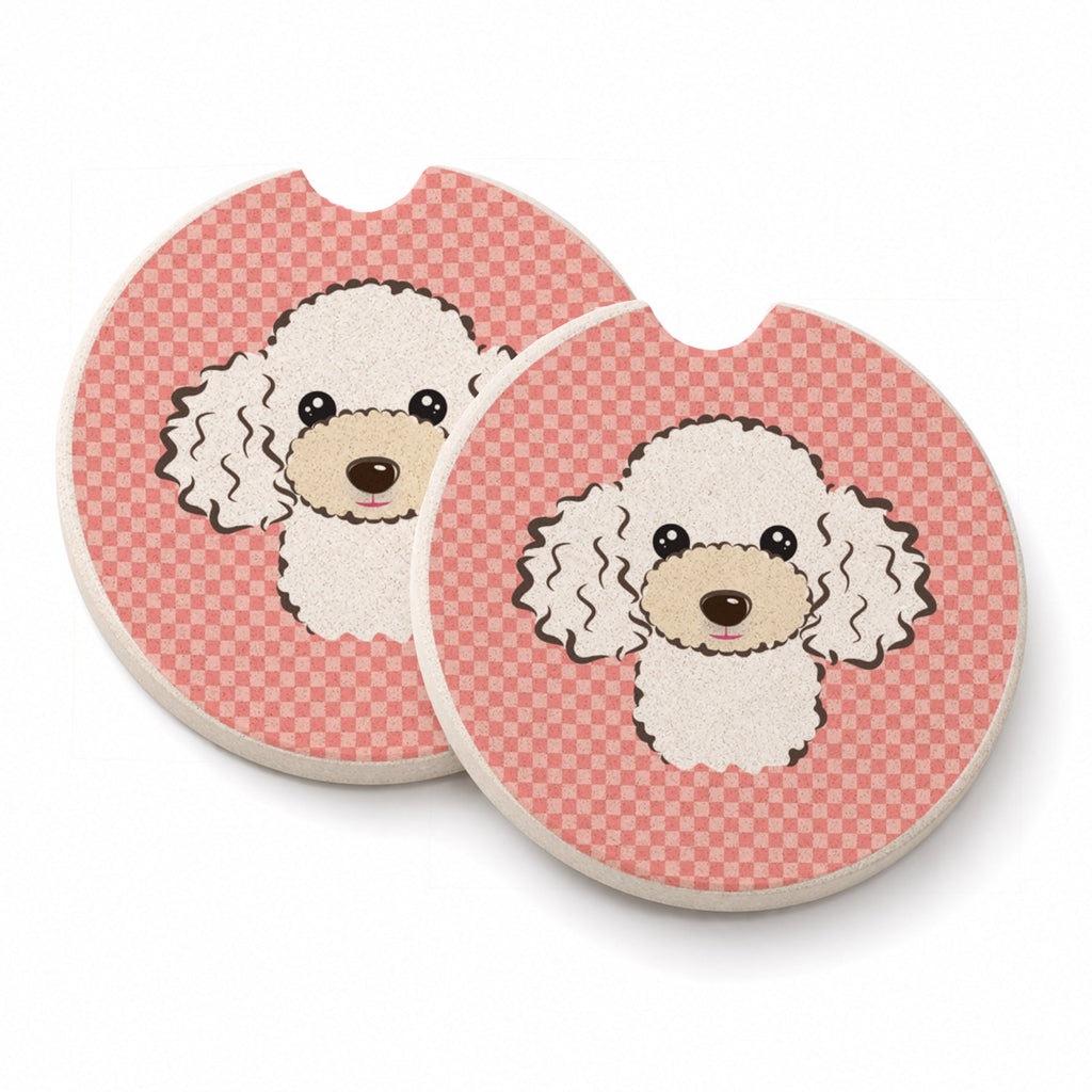 Checkerboard Pink White Poodle Set of 2 Cup Holder Car Coasters Absorbent Round Sandstone Coasters Gifts for Men or Women, 2.5, Multicolor