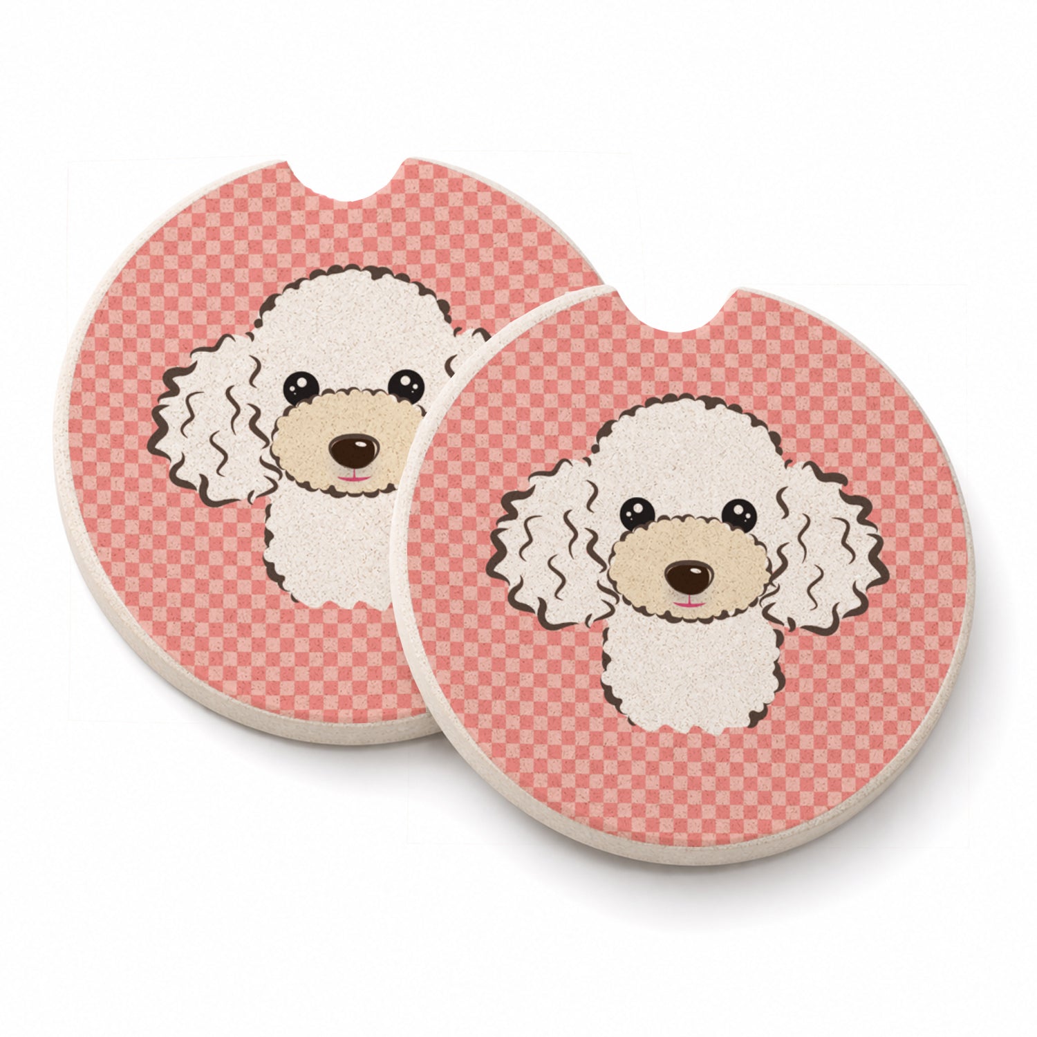 Checkerboard Pink White Poodle Set of 2 Cup Holder Car Coasters Absorbent Round Sandstone Coasters Gifts for Men or Women, 2.5, Multicolor
