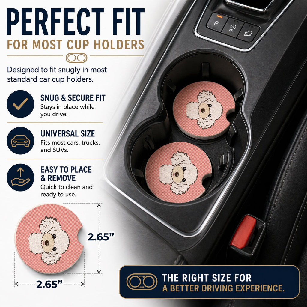 Checkerboard Pink White Poodle Set of 2 Cup Holder Car Coasters Absorbent Round Sandstone Coasters Gifts for Men or Women, 2.5, Multicolor