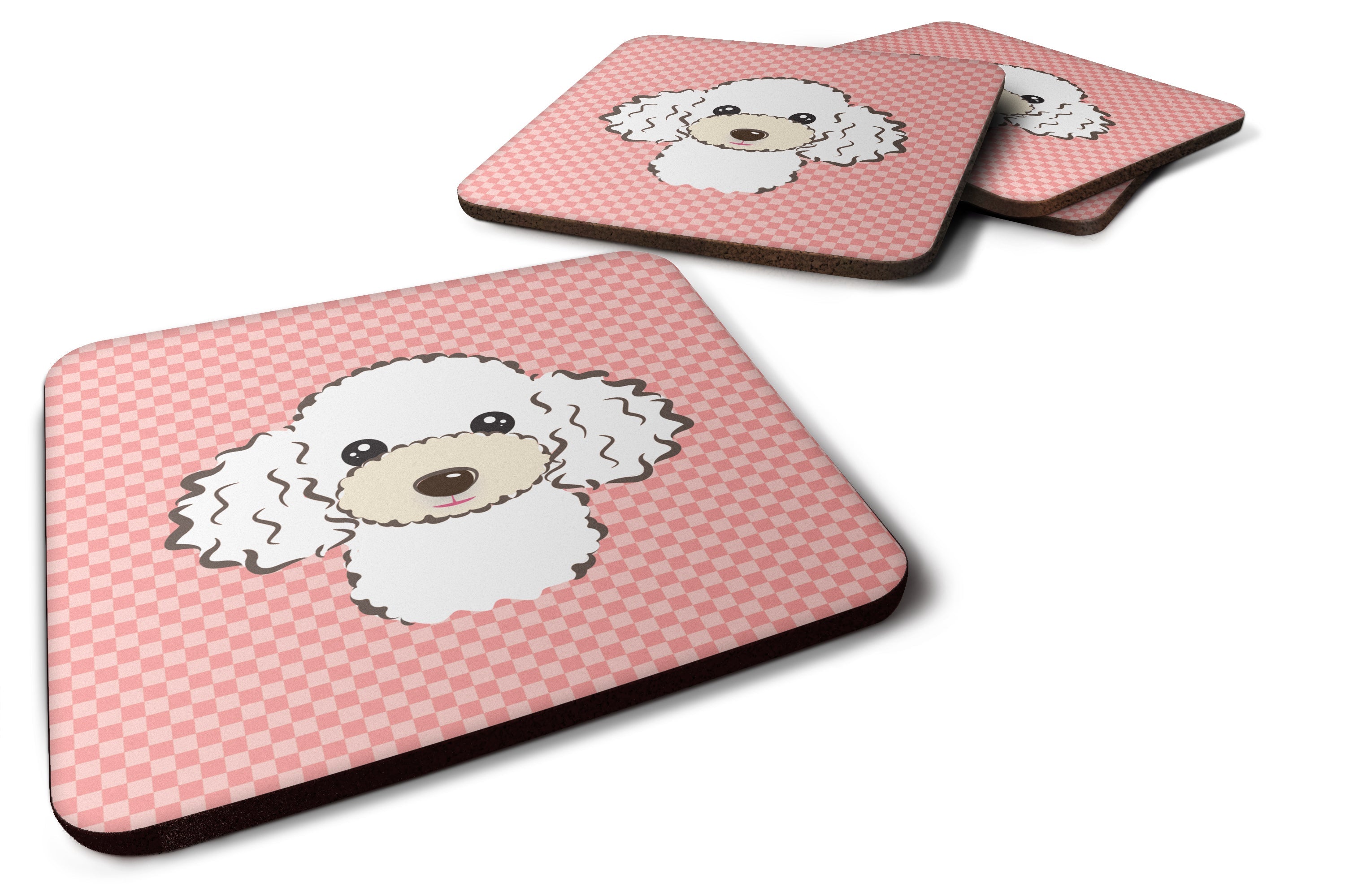 Checkerboard Pink White Poodle Foam Coasters Set of 4 Cup Coasters for Indoor Outdoor, Tabletop Protection, Anti Slip, Mouse pad Material