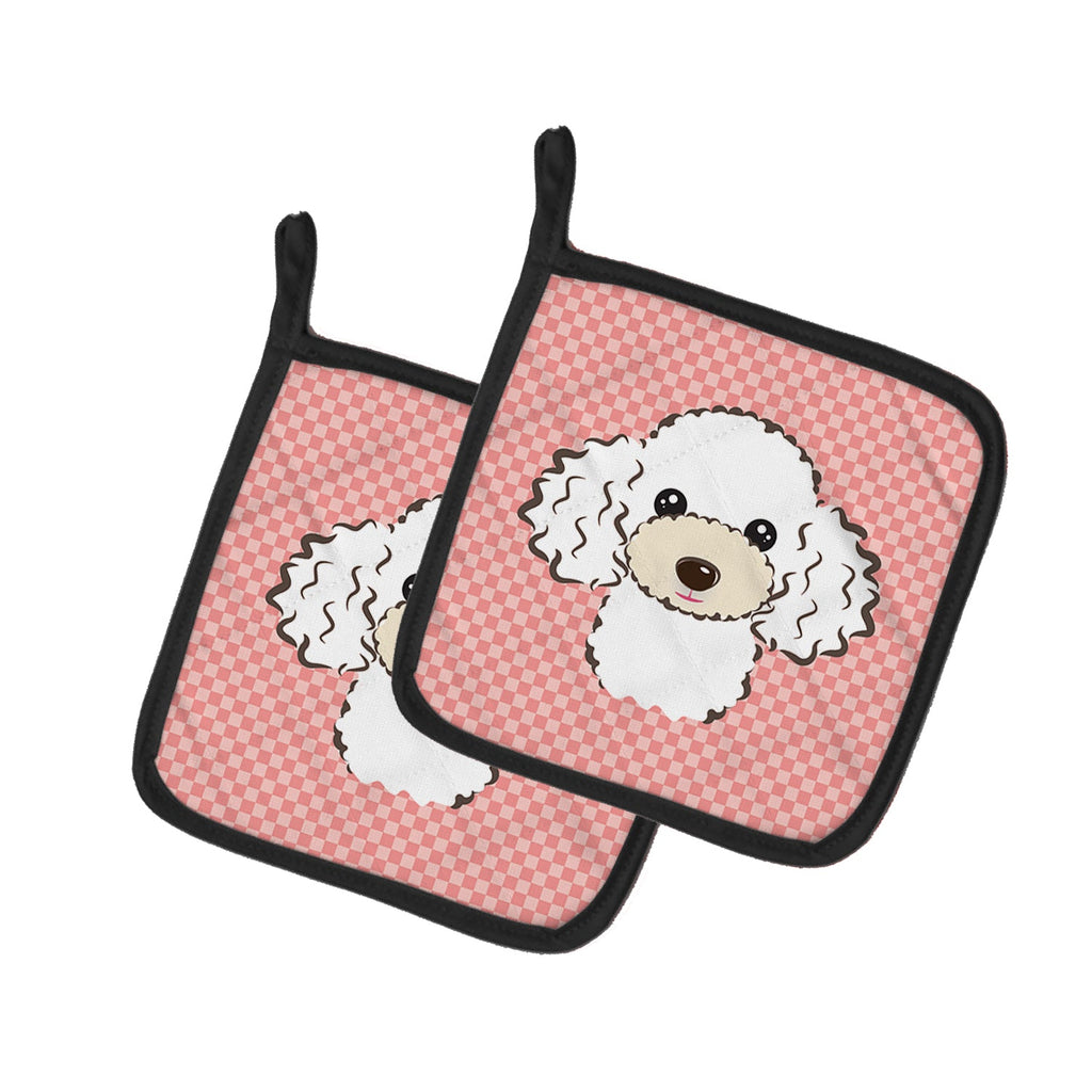 Checkerboard Pink White Poodle Pot Holder Set of 2 Heat Resistant Quilted Hot Pads 7.5 x 7.5 Inch, Insulated Kitchen Trivets for Cooking & Baking