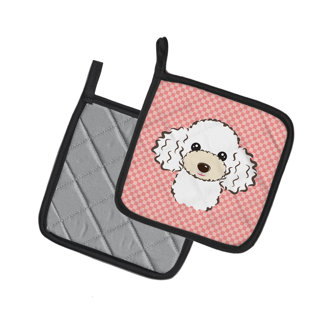 Checkerboard Pink White Poodle Pot Holder Set of 2 Heat Resistant Quilted Hot Pads 7.5 x 7.5 Inch, Insulated Kitchen Trivets for Cooking & Baking