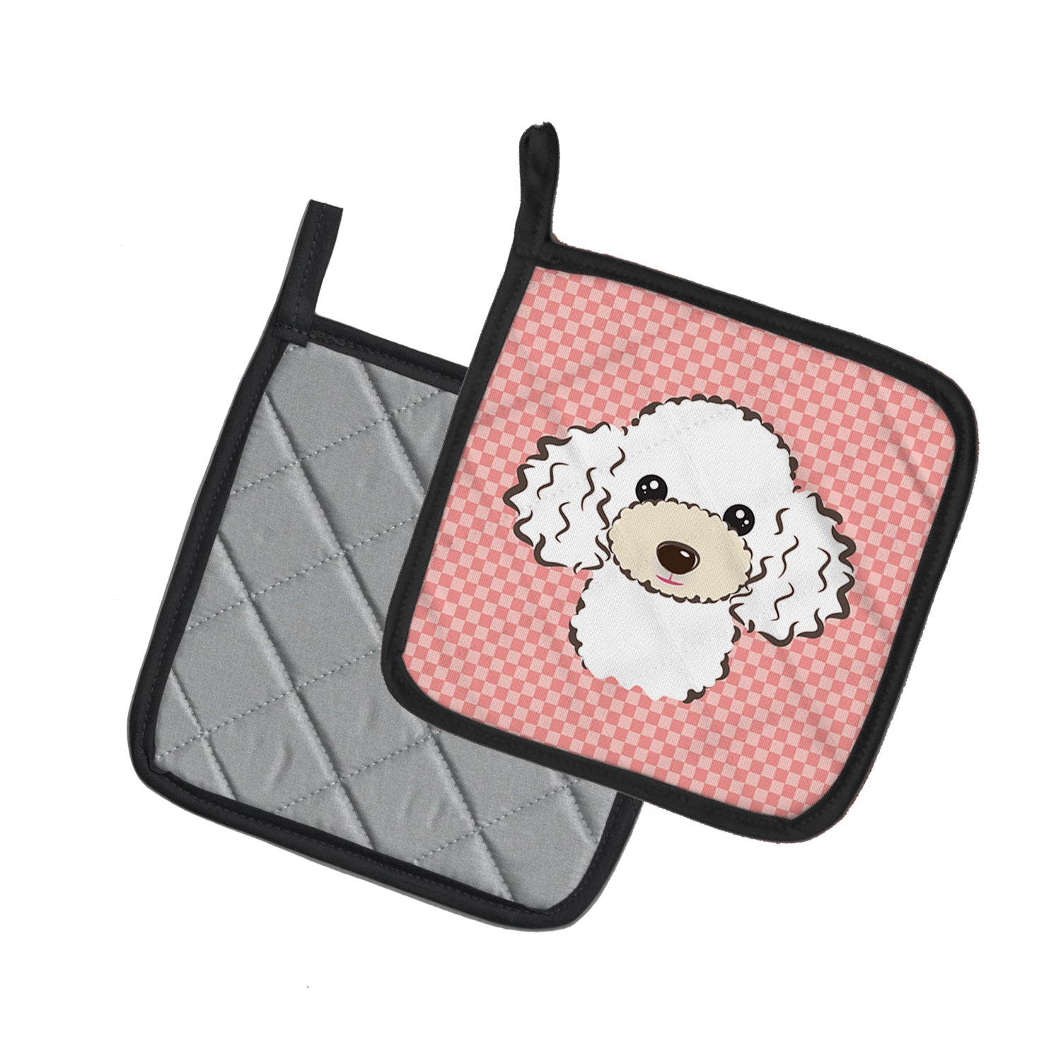 Checkerboard Pink White Poodle Pot Holder Set of 2 Heat Resistant Quilted Hot Pads 7.5 x 7.5 Inch, Insulated Kitchen Trivets for Cooking & Baking