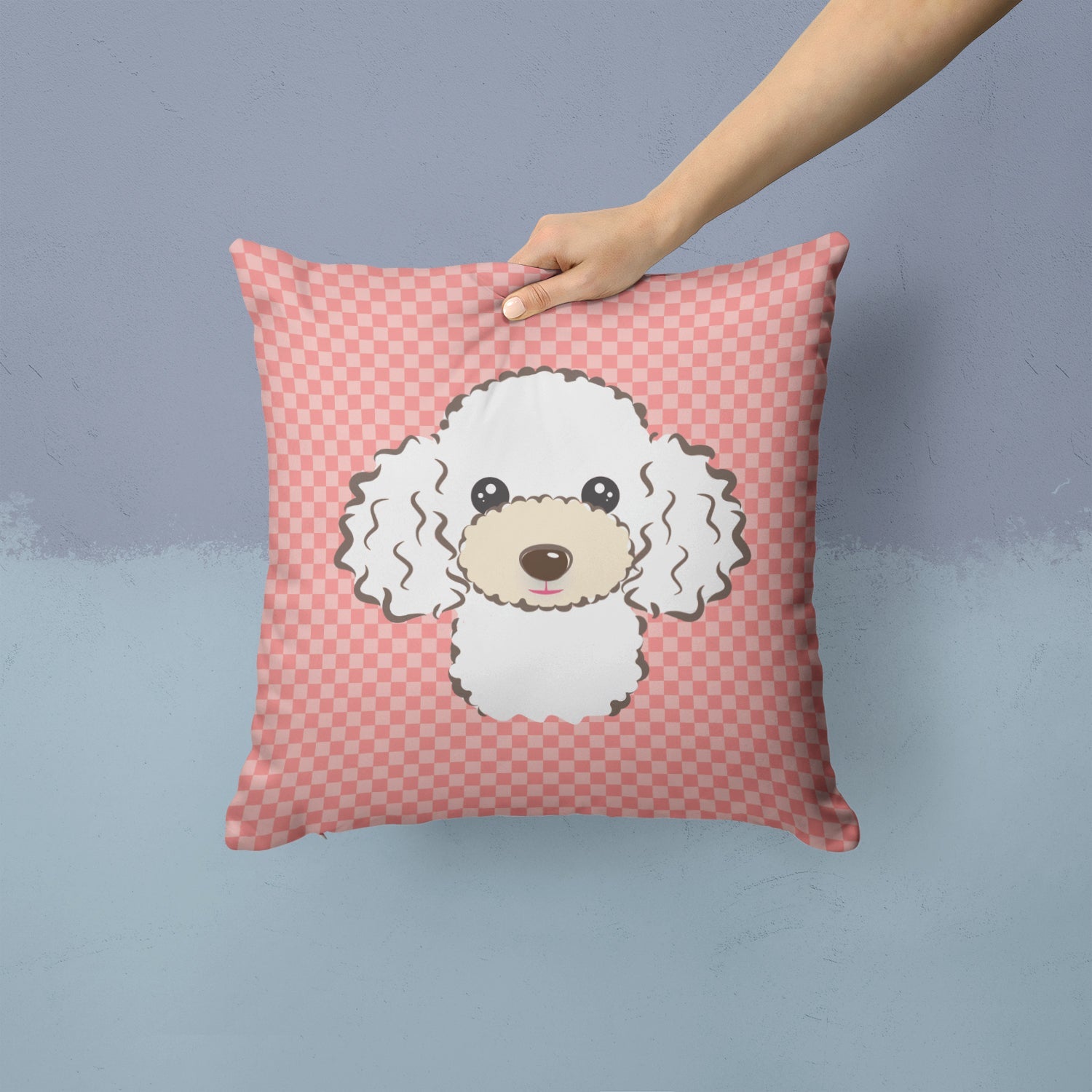 Checkerboard Pink White Poodle Decorative Throw Pillow 14x14 Indoor Outdoor Accent Cushion, Fabric Cover with Insert for Sofa, Bed, Porch & Living Room