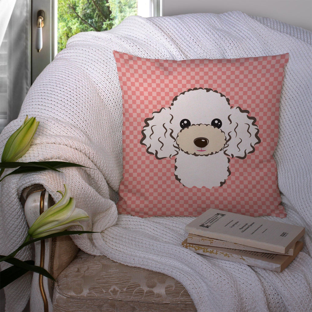 Checkerboard Pink White Poodle Decorative Throw Pillow 14x14 Indoor Outdoor Accent Cushion, Fabric Cover with Insert for Sofa, Bed, Porch & Living Room