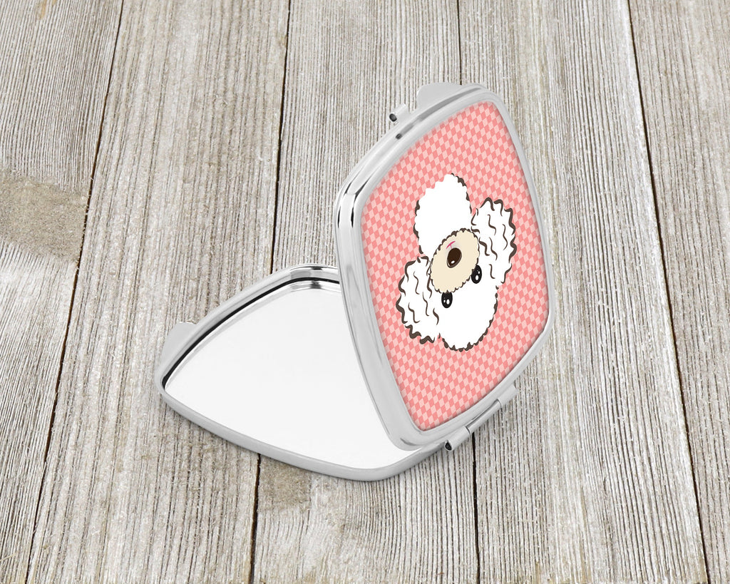 Checkerboard Pink White Poodle Compact Mirror Decorative Travel Makeup Mirror for Women Girls Gifts Pocket Makeup Mirror Folding Handheld