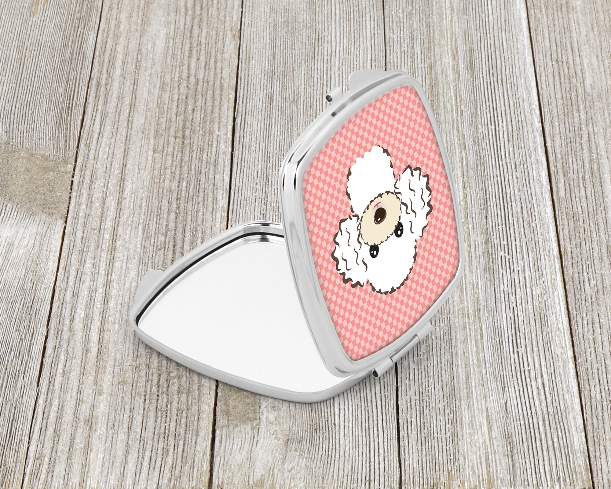 Checkerboard Pink White Poodle Compact Mirror Decorative Travel Makeup Mirror for Women Girls Gifts Pocket Makeup Mirror Folding Handheld