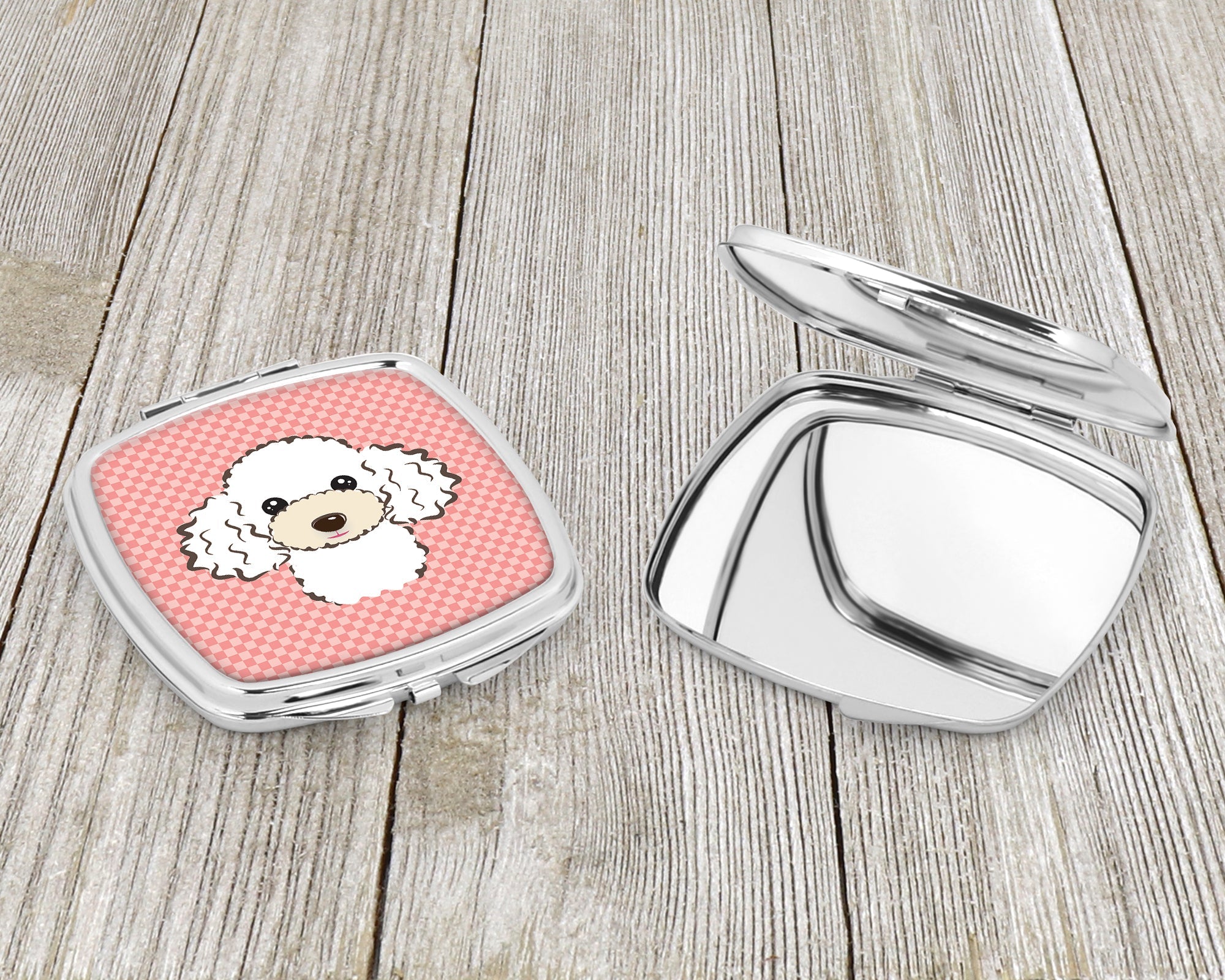 Checkerboard Pink White Poodle Compact Mirror Decorative Travel Makeup Mirror for Women Girls Gifts Pocket Makeup Mirror Folding Handheld