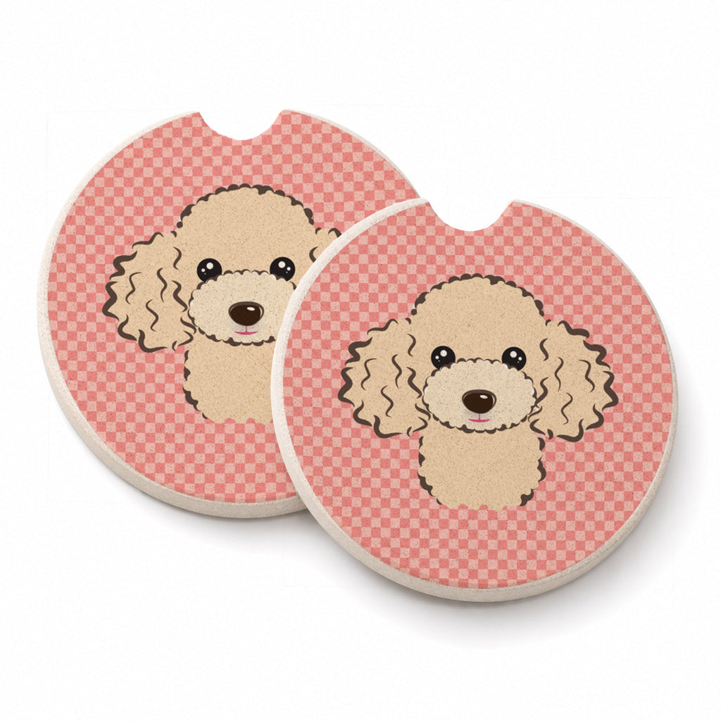 Checkerboard Pink Buff Poodle Set of 2 Cup Holder Car Coasters Absorbent Round Sandstone Coasters Gifts for Men or Women, 2.5, Multicolor
