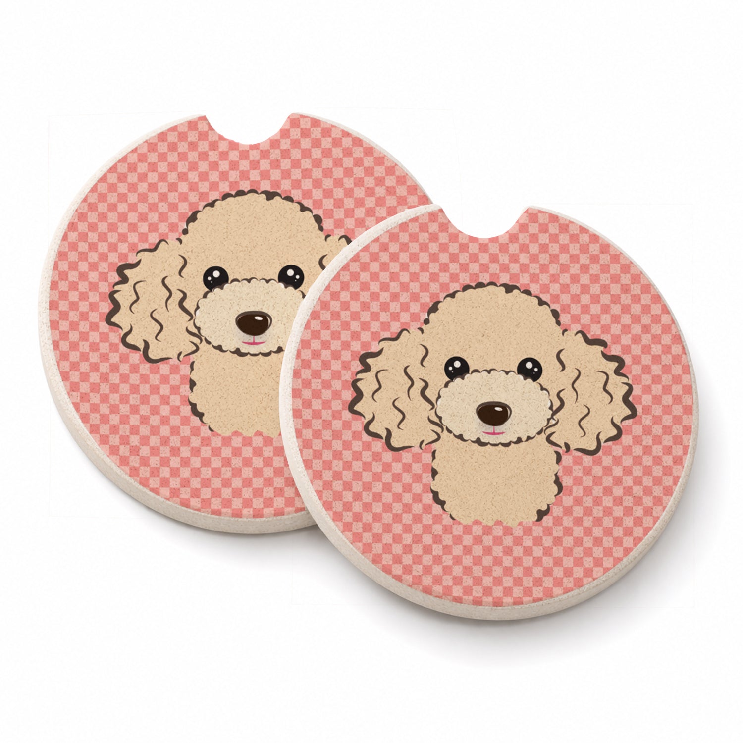 Checkerboard Pink Buff Poodle Set of 2 Cup Holder Car Coasters Absorbent Round Sandstone Coasters Gifts for Men or Women, 2.5, Multicolor