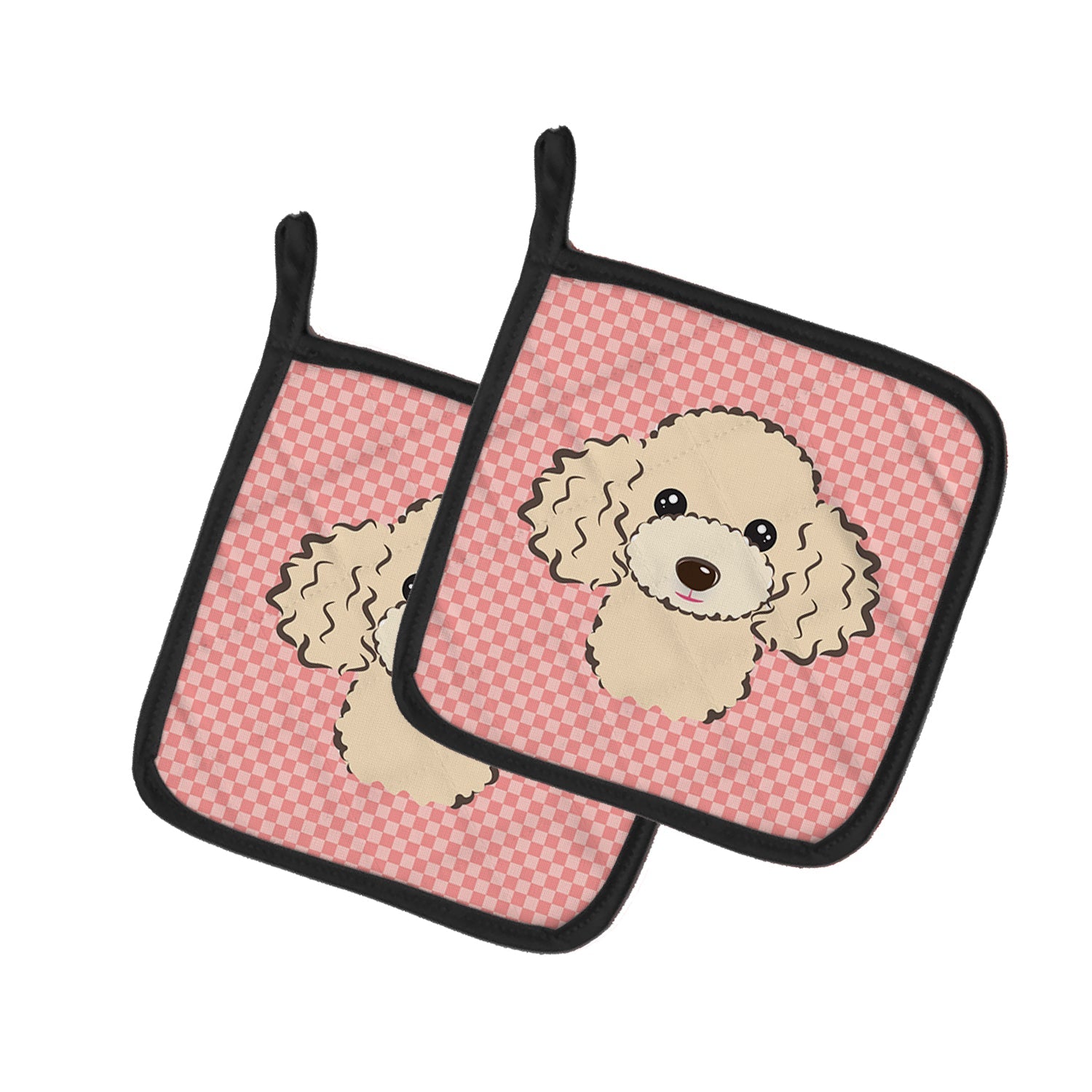 Checkerboard Pink Buff Poodle Pot Holder Set of 2 Heat Resistant Quilted Hot Pads 7.5 x 7.5 Inch, Insulated Kitchen Trivets for Cooking & Baking