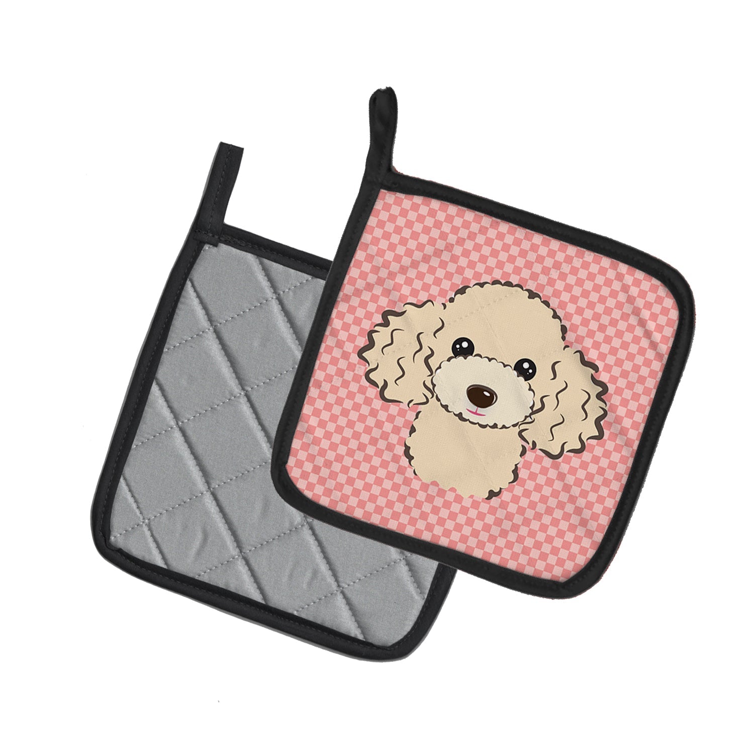 Checkerboard Pink Buff Poodle Pot Holder Set of 2 Heat Resistant Quilted Hot Pads 7.5 x 7.5 Inch, Insulated Kitchen Trivets for Cooking & Baking