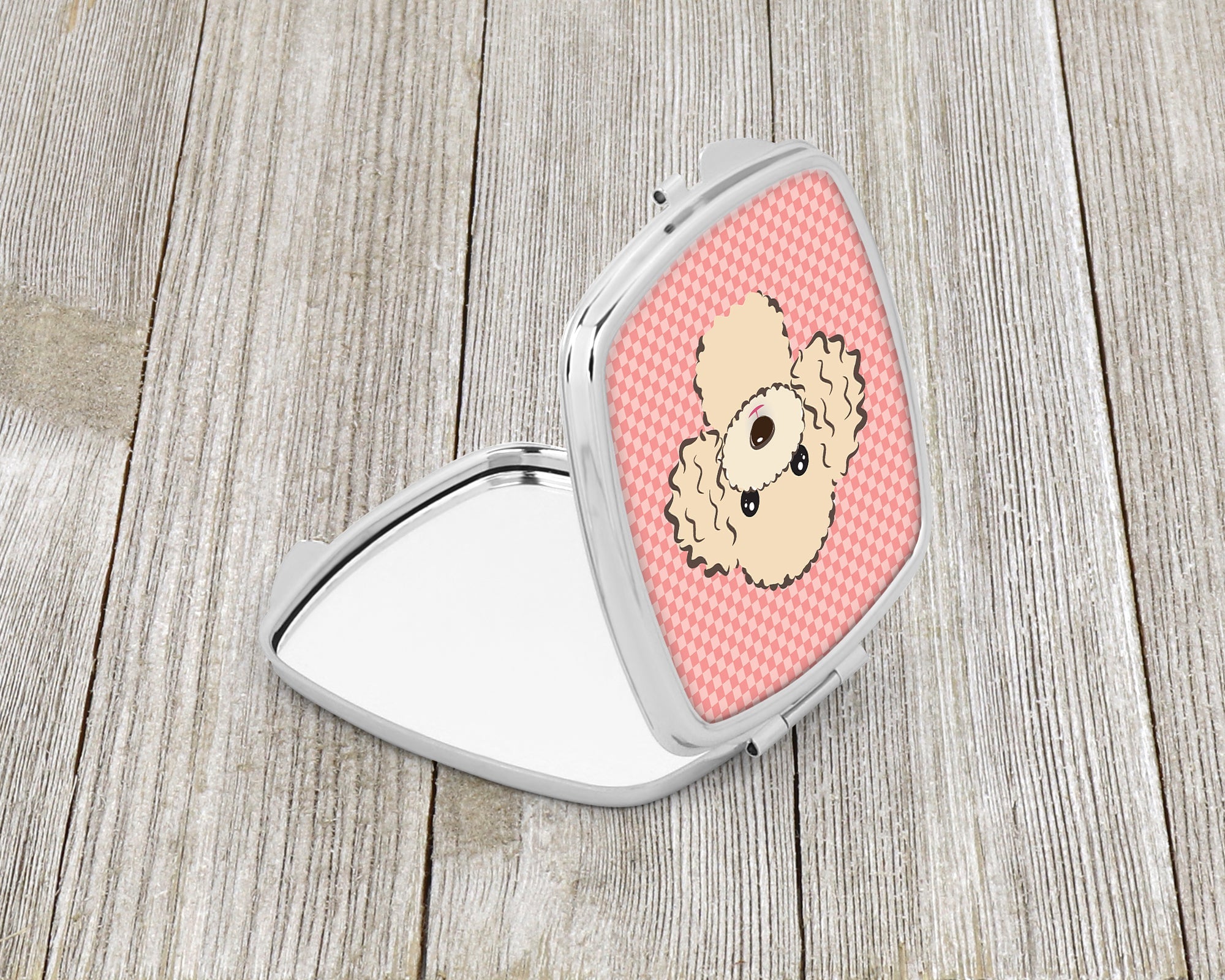 Checkerboard Pink Buff Poodle Compact Mirror Decorative Travel Makeup Mirror for Women Girls Gifts Pocket Makeup Mirror Folding Handheld