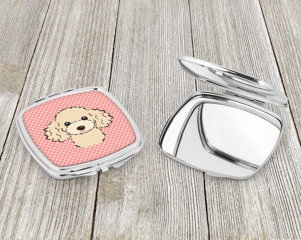 Checkerboard Pink Buff Poodle Compact Mirror Decorative Travel Makeup Mirror for Women Girls Gifts Pocket Makeup Mirror Folding Handheld