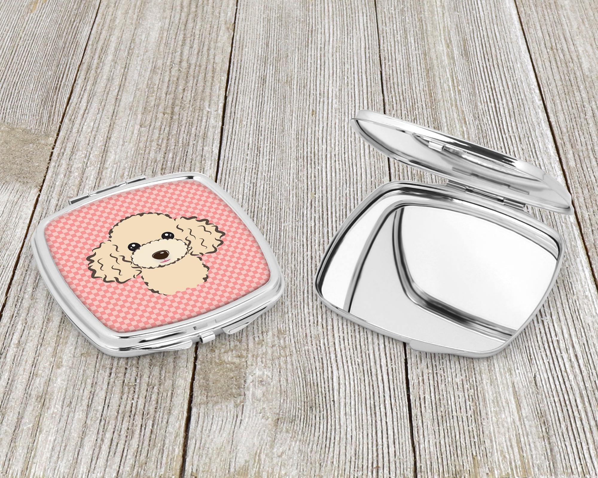 Checkerboard Pink Buff Poodle Compact Mirror Decorative Travel Makeup Mirror for Women Girls Gifts Pocket Makeup Mirror Folding Handheld