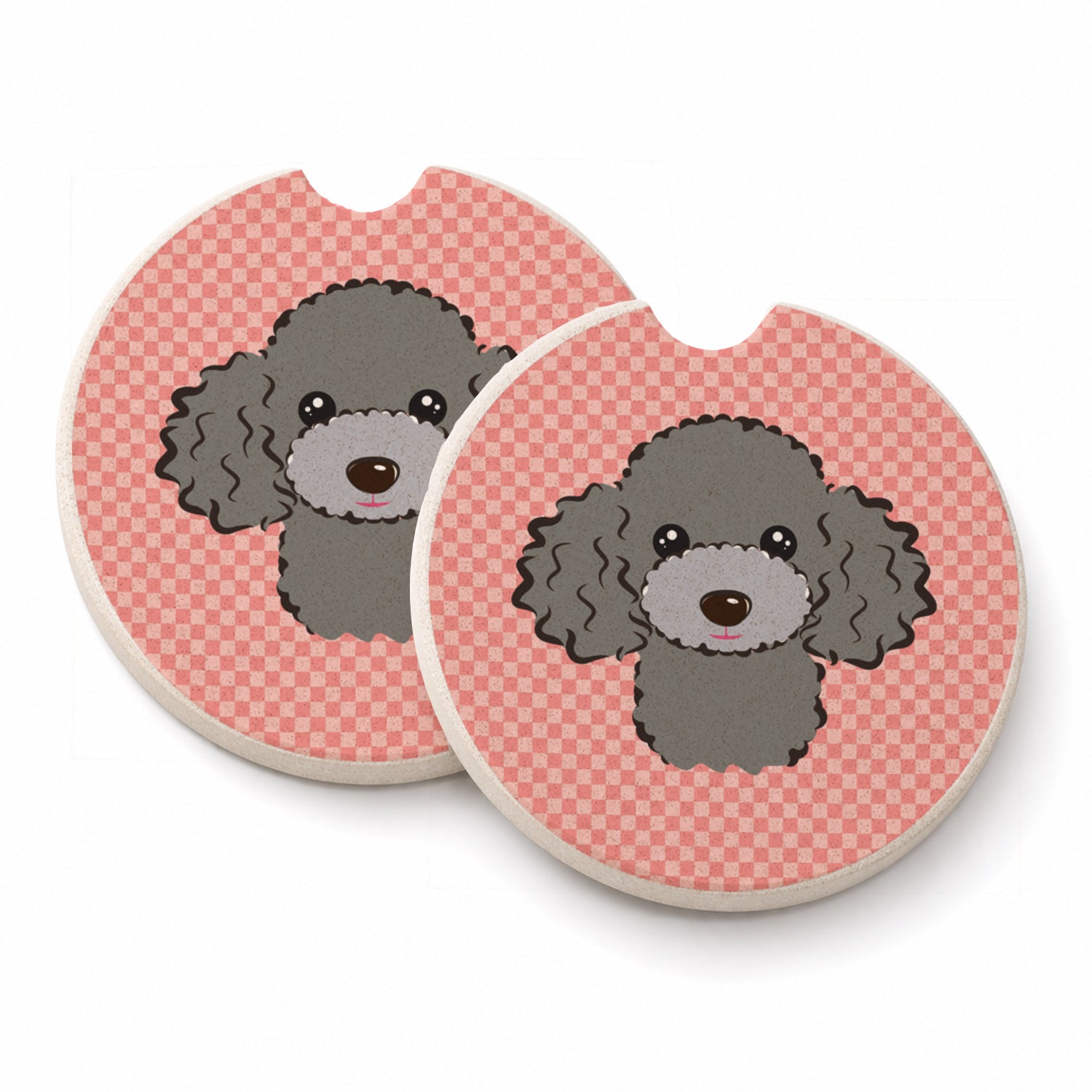 Checkerboard Pink Silver Gray Poodle Set of 2 Cup Holder Car Coasters Absorbent Round Sandstone Coasters Gifts for Men or Women, 2.5, Multicolor