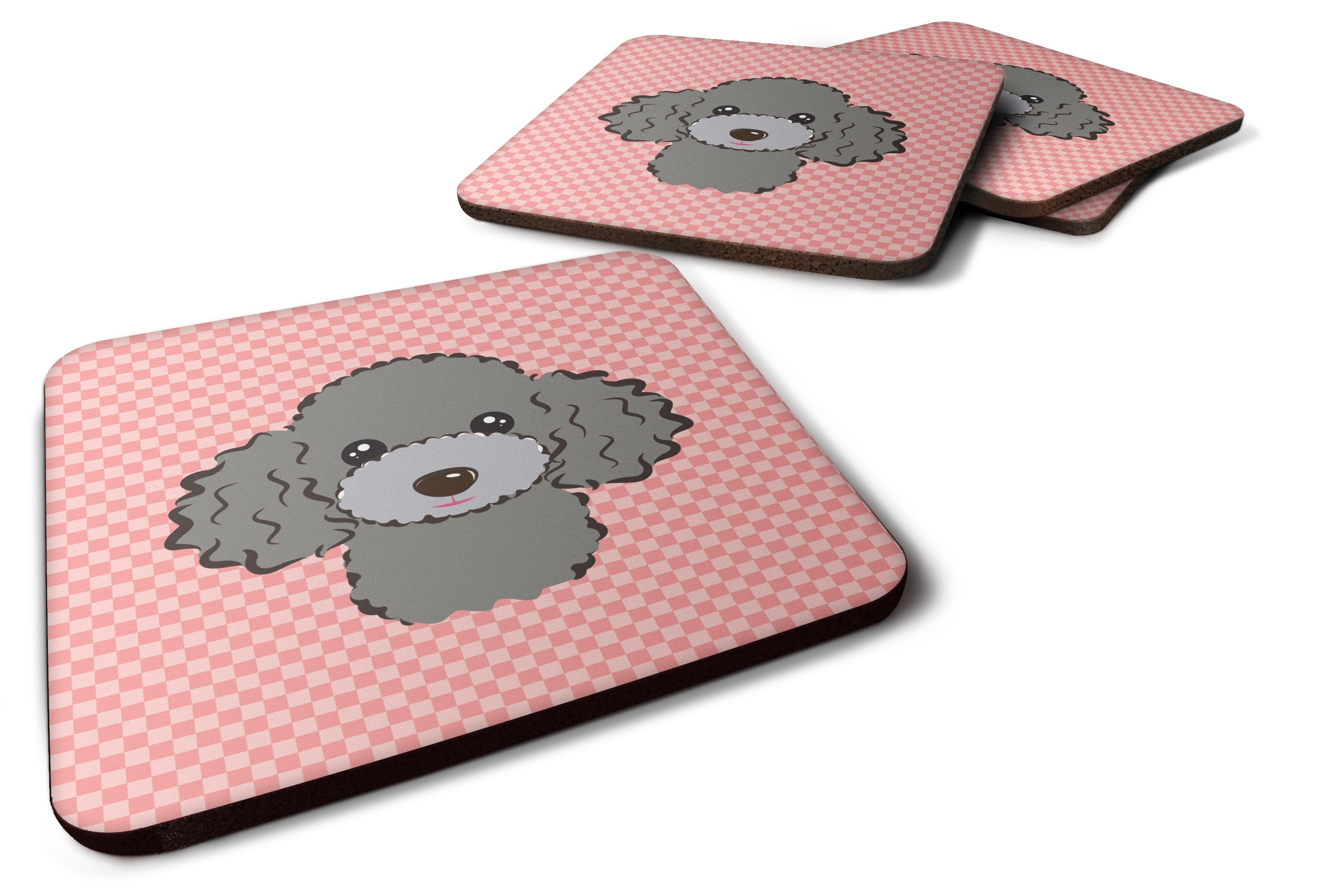 Checkerboard Pink Silver Gray Poodle Foam Coasters Set of 4 Cup Coasters for Indoor Outdoor, Tabletop Protection, Anti Slip, Mouse pad Material