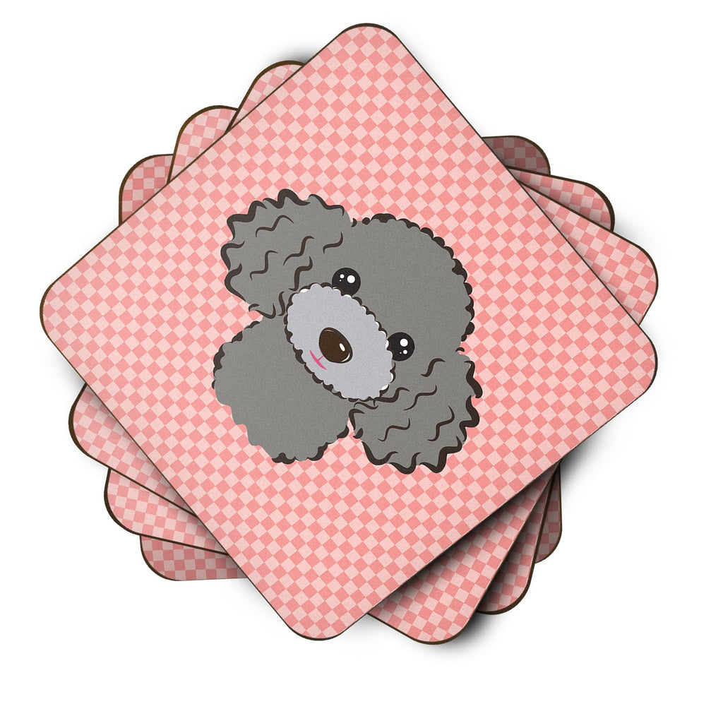 Checkerboard Pink Silver Gray Poodle Foam Coasters Set of 4 Cup Coasters for Indoor Outdoor, Tabletop Protection, Anti Slip, Mouse pad Material