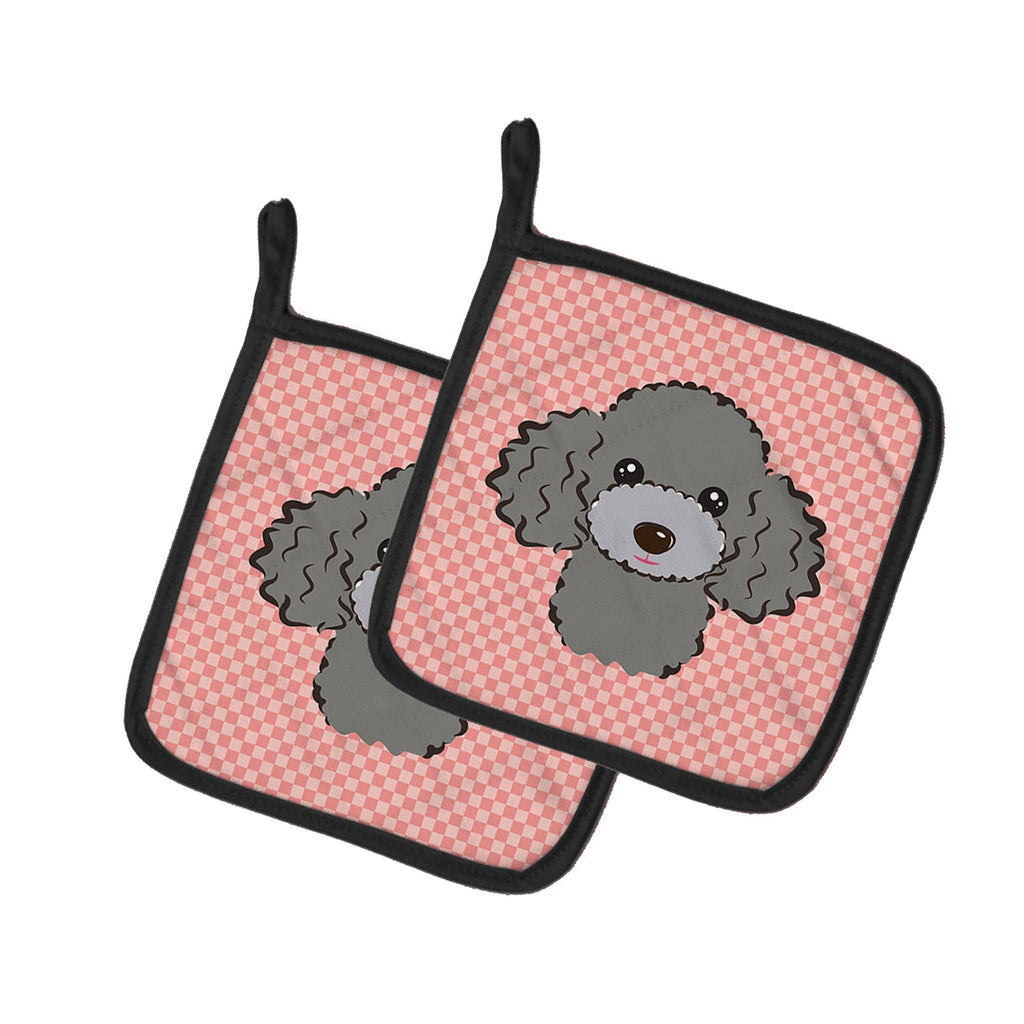 Checkerboard Pink Silver Gray Poodle Pot Holder Set of 2 Heat Resistant Quilted Hot Pads 7.5 x 7.5 Inch, Insulated Kitchen Trivets for Cooking & Baking