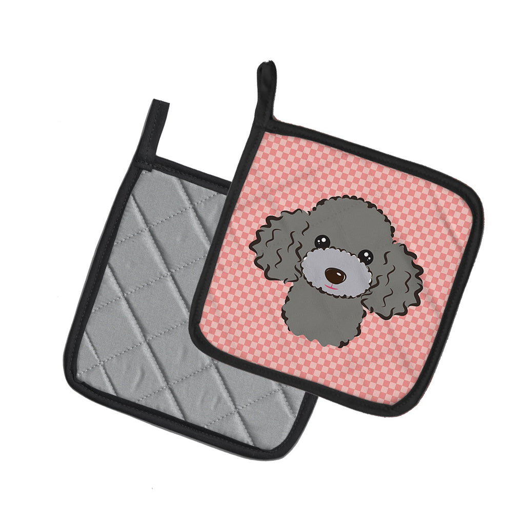 Checkerboard Pink Silver Gray Poodle Pot Holder Set of 2 Heat Resistant Quilted Hot Pads 7.5 x 7.5 Inch, Insulated Kitchen Trivets for Cooking & Baking