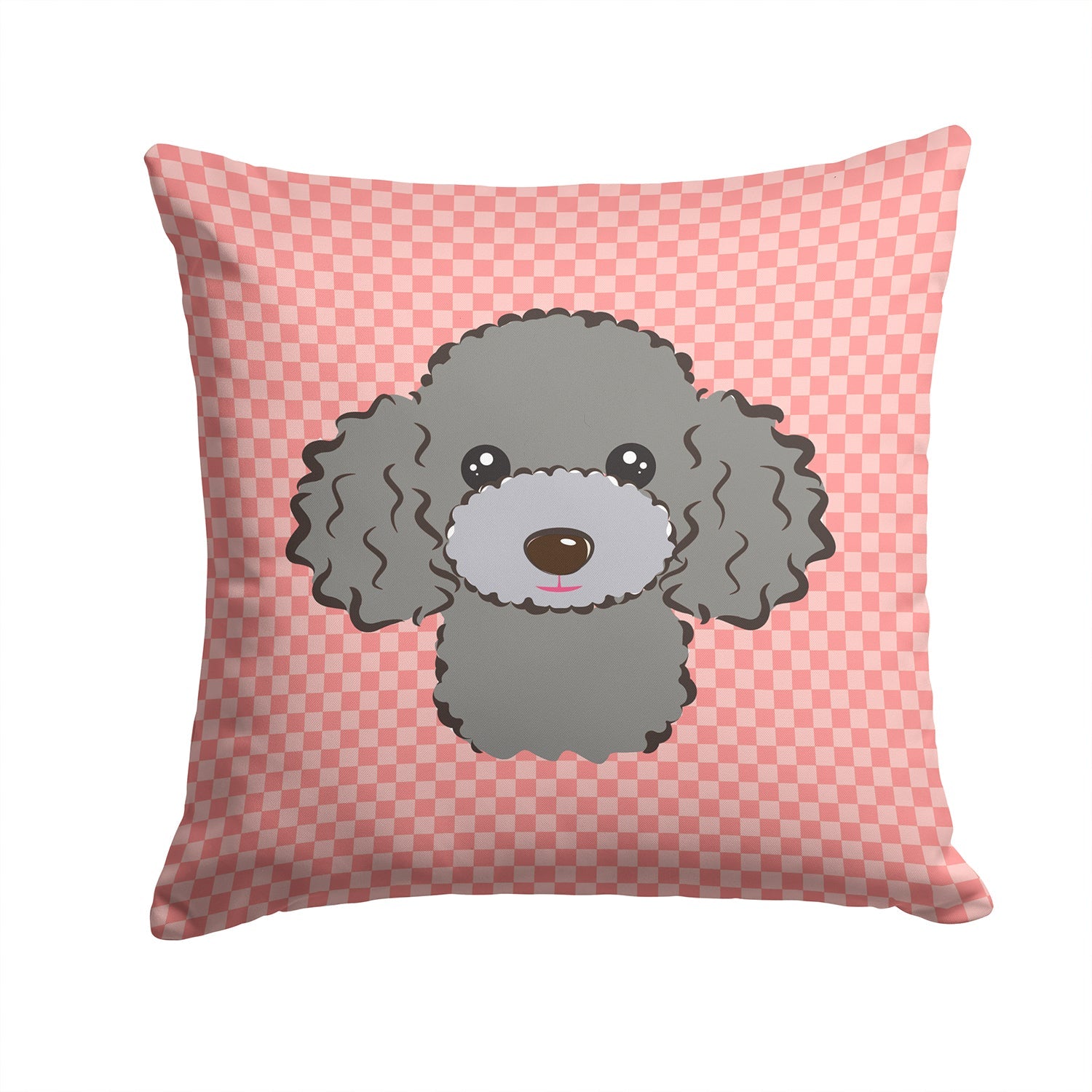 Checkerboard Pink Silver Gray Poodle Decorative Throw Pillow 14x14 Indoor Outdoor Accent Cushion, Fabric Cover with Insert for Sofa, Bed, Porch & Living Room