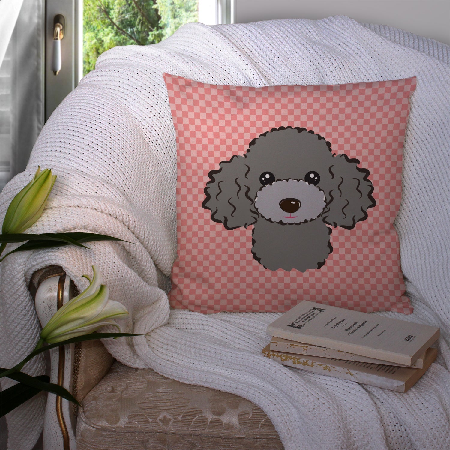 Checkerboard Pink Silver Gray Poodle Decorative Throw Pillow 14x14 Indoor Outdoor Accent Cushion, Fabric Cover with Insert for Sofa, Bed, Porch & Living Room