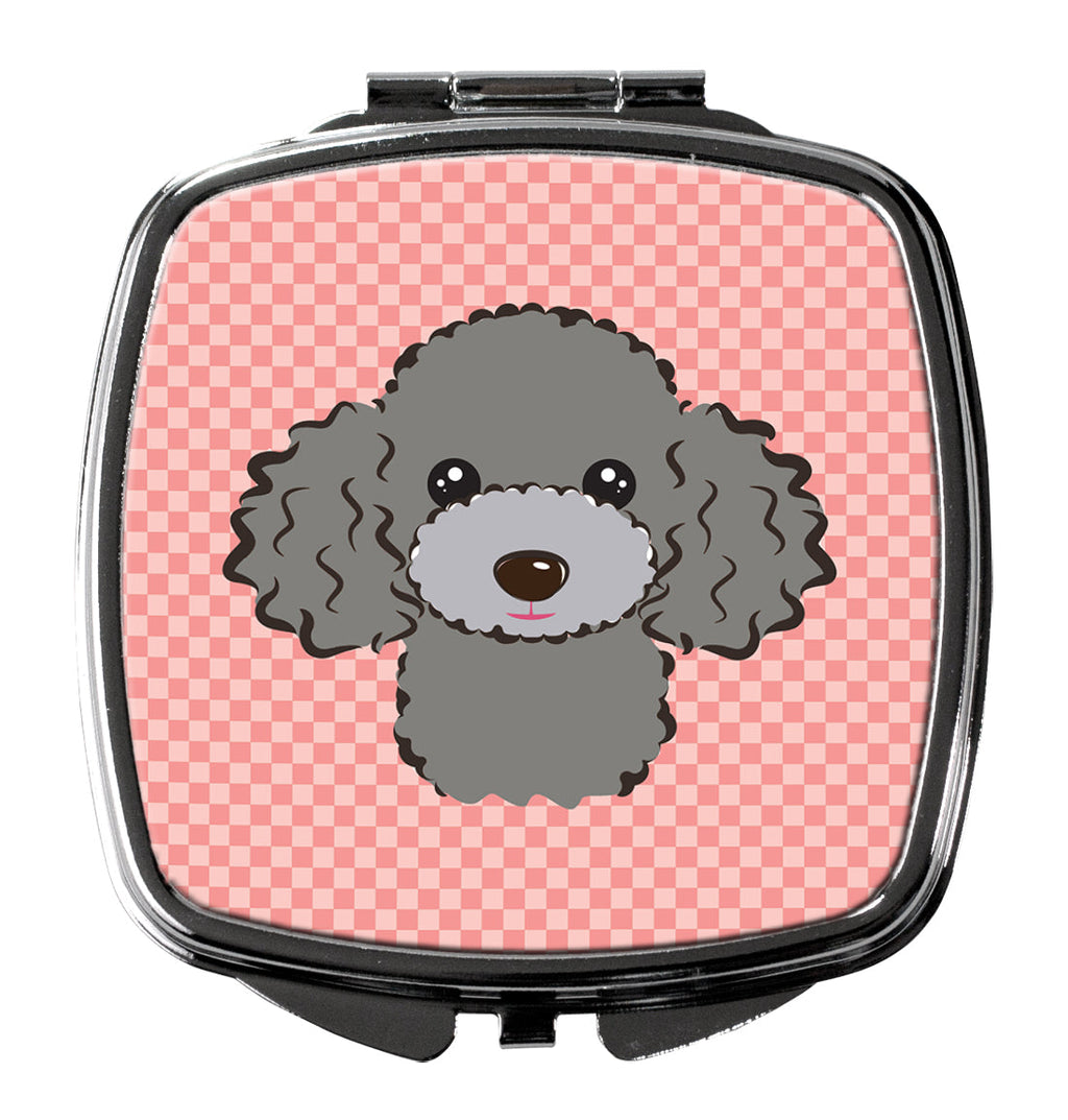 Checkerboard Pink Silver Gray Poodle Compact Mirror Decorative Travel Makeup Mirror for Women Girls Gifts Pocket Makeup Mirror Folding Handheld