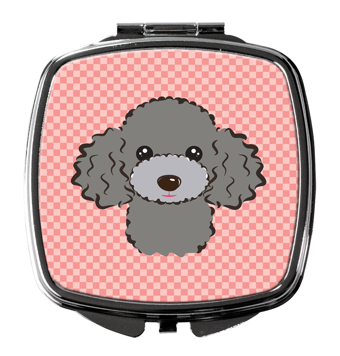 Checkerboard Pink Silver Gray Poodle Compact Mirror Decorative Travel Makeup Mirror for Women Girls Gifts Pocket Makeup Mirror Folding Handheld