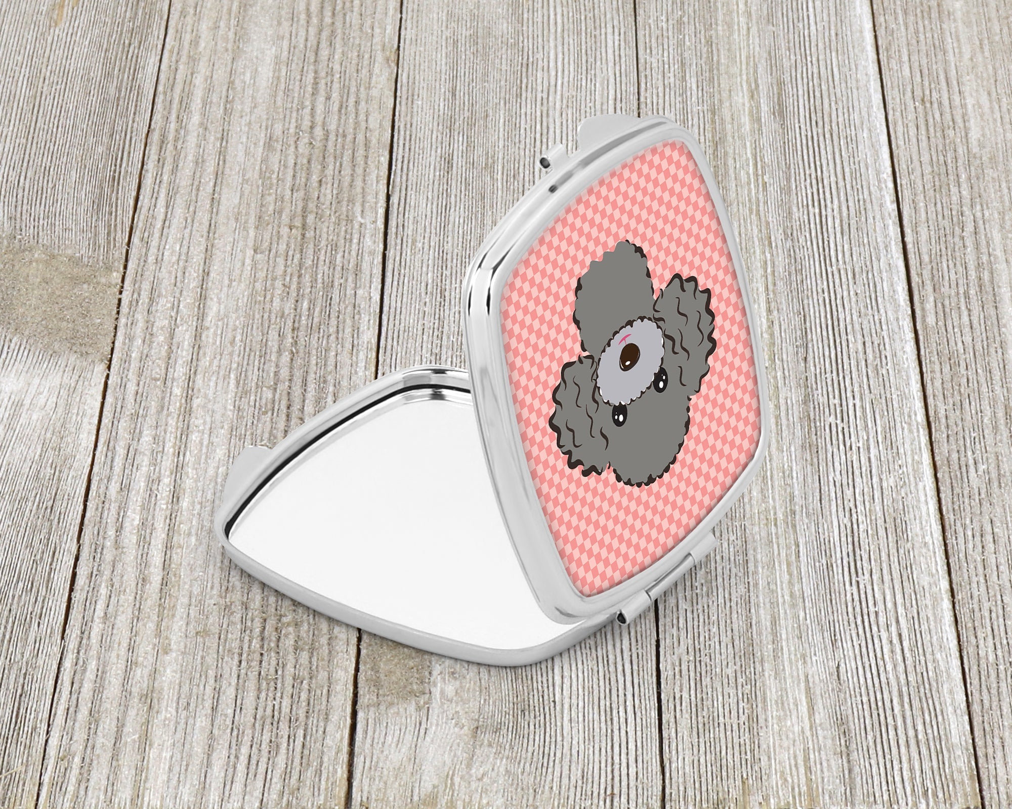 Checkerboard Pink Silver Gray Poodle Compact Mirror Decorative Travel Makeup Mirror for Women Girls Gifts Pocket Makeup Mirror Folding Handheld