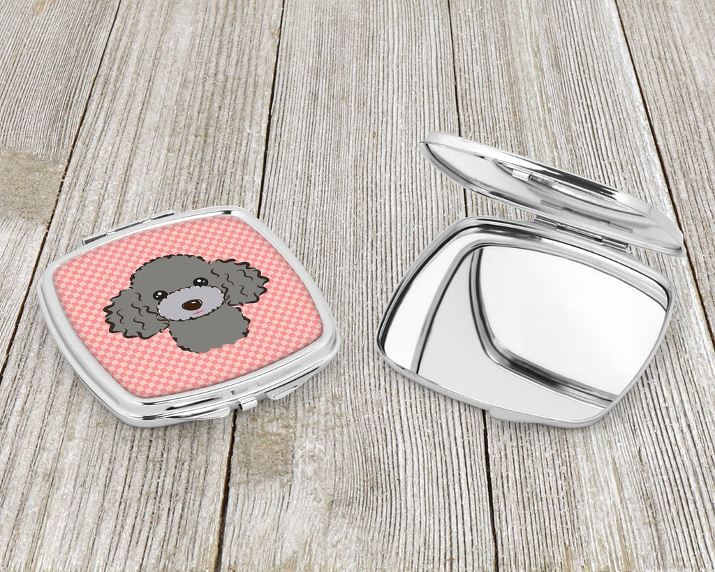 Checkerboard Pink Silver Gray Poodle Compact Mirror Decorative Travel Makeup Mirror for Women Girls Gifts Pocket Makeup Mirror Folding Handheld