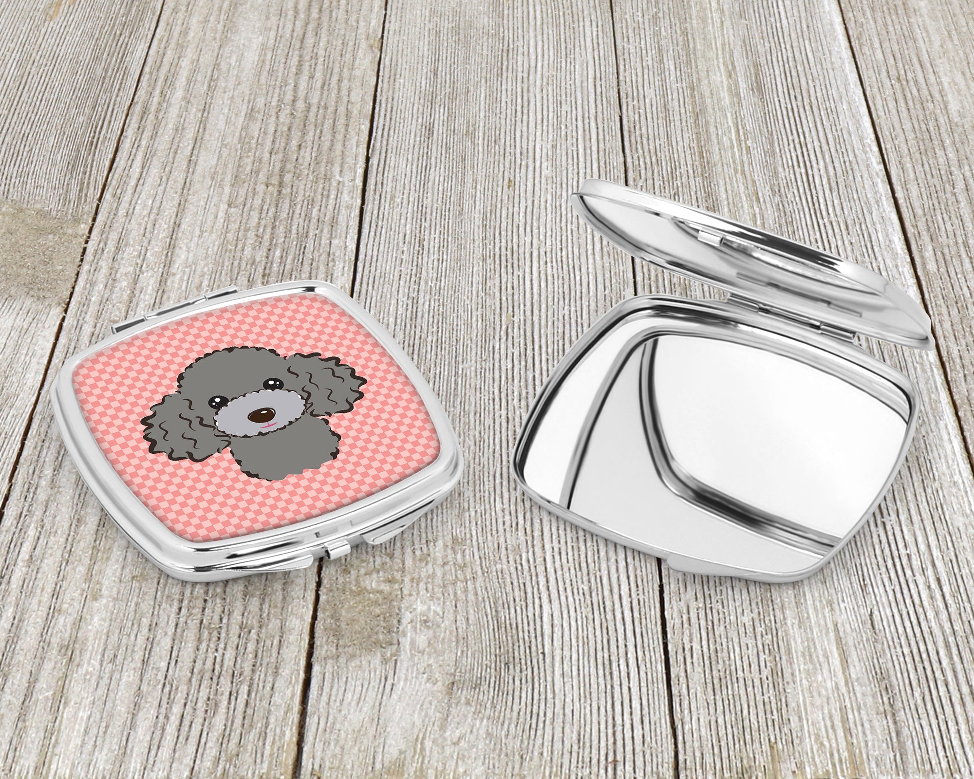 Checkerboard Pink Silver Gray Poodle Compact Mirror Decorative Travel Makeup Mirror for Women Girls Gifts Pocket Makeup Mirror Folding Handheld