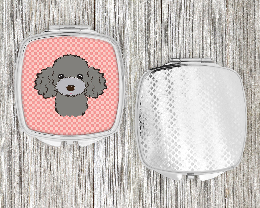 Checkerboard Pink Silver Gray Poodle Compact Mirror Decorative Travel Makeup Mirror for Women Girls Gifts Pocket Makeup Mirror Folding Handheld