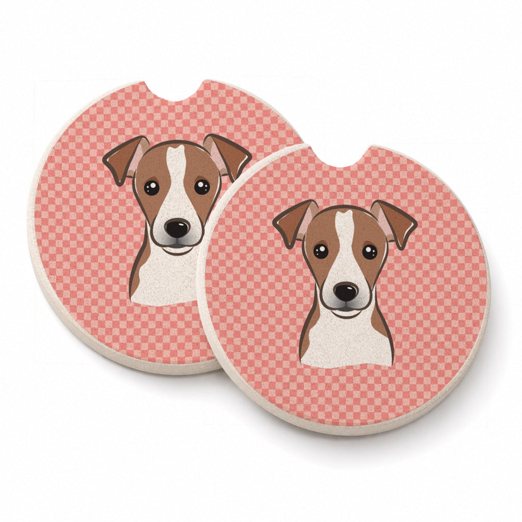 Checkerboard Pink Jack Russell Terrier Set of 2 Cup Holder Car Coasters Absorbent Round Sandstone Coasters Gifts for Men or Women, 2.5, Multicolor