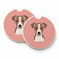 Checkerboard Pink Jack Russell Terrier Set of 2 Cup Holder Car Coasters Absorbent Round Sandstone Coasters Gifts for Men or Women, 2.5, Multicolor