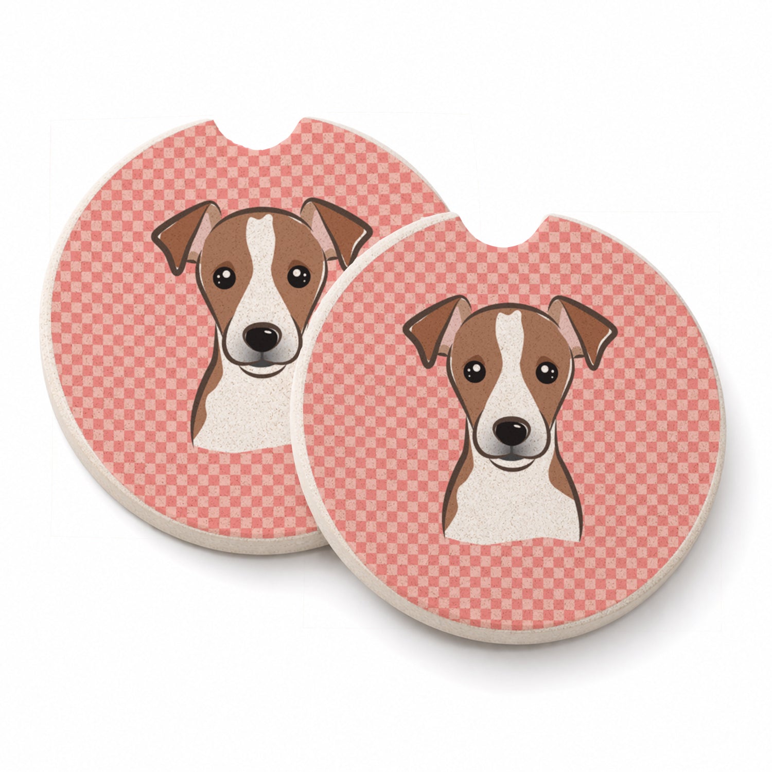 Checkerboard Pink Jack Russell Terrier Set of 2 Cup Holder Car Coasters Absorbent Round Sandstone Coasters Gifts for Men or Women, 2.5, Multicolor