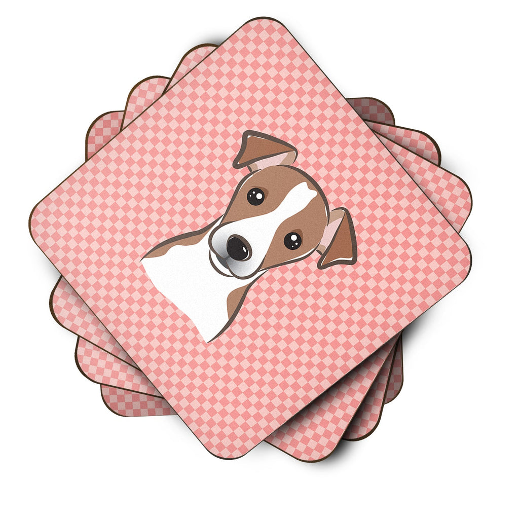 Checkerboard Pink Jack Russell Terrier Foam Coasters Set of 4 Cup Coasters for Indoor Outdoor, Tabletop Protection, Anti Slip, Mouse pad Material
